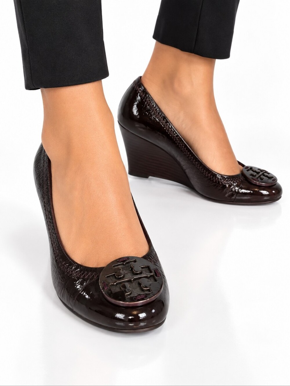 Tory Burch Dark Burgundy Patent Leather Wedge Heels